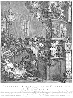 A chapel full of people, many of whom hold small ghostly idols. A woman lies on the floor, rabbits leaping from under her skirts. A preacher stands in the pulpit, preaching to his congregation. On the right of the image, a large thermometer is capped by an idol of a ghost.