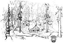 An architectural sketch of a rustic hunting lodge made of river rock, nestled amid tall pine trees at the edge of a river.