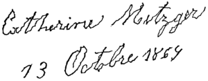 French signature reads "Catherine Metzger 13 Octobre 1869"