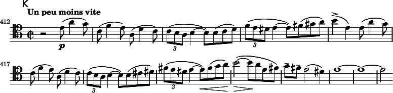 
\relative c' \new Staff {
  \key a \minor \clef tenor
  \set Staff.midiInstrument = "cello"
  \set Score.tempoHideNote = ##t \tempo "Un peu moins vite" 2 = 50
  \mark \markup \sans K&nbsp;% H = 372
  \time 2/2
  \set Score.currentBarNumber = #412 \bar ""

  r2 e8\p( a4 g8) | c,( f4 e8) a,( d4 c8) | \times 2/3 { c( b a } b4 ~ b8) b( c d) | \times 2/3 { f( e dis } e4 ~ e8) fis( gis a) | b4(-> e,)
  e8( a4 g8) | c,( f4 e8) a,( d4 c8) | \times 2/3 { c( b a } b4 ~ b8) b( cis dis) | \times 2/3 { fis( e dis } e4 ~ e8)\< fis( g a) |
  b2(\> ~ b8\! a e fis) | g-- fis-- e2( dis4) | e1 ~ | e ~ | e2
}
