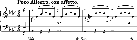 
\header {
  tagline = ##f
}

tempoMark = {
  \once \override Score.RehearsalMark #'self-alignment-X = #-1
  \once \override Score.RehearsalMark #'break-align-symbols = #'(time-signature key-signature)
  \once \override Staff.TimeSignature #'break-align-anchor-alignment = #-1
  \mark \markup \bold "Poco Allegro, con affetto."
}

global = {
  \tempoMark
  \key as \major
  \time 6/4
  \partial 4
}

\parallelMusic #'(voiceA voiceB voiceC voiceD) {
 &nbsp;% Anacrusis
  r4   |
  s4   |
  ees4 |
  r4   |
  
 &nbsp;% Bar 1
  r8 ees [\( aes c aes ees\)] r ees [\( aes c aes ees\)] |
  c2.                         s                          |
  aes,4      s     s          c'2.                       |
  s4         r     r          r2.                        |
  
 &nbsp;% Bar 2
  r8 e   [\( bes' c bes e,  \)] r e   [\( bes' c bes e,  \)] |
  c2.                       ( c2  )              s4          |
  s2.                         s2                 c4          |
  g4         r     r          r2.                            |
}

right = {
  \global
  <<
    \relative c' \voiceA
    \\
    \relative c' \voiceB
  >>
}

left = {
  \global
  <<
    \relative c \voiceC
    \\
    \relative c \voiceD
    \new Dynamics {
      s4 | \repeat unfold 2 { s4\sustainOn s1 s8 s8\sustainOff | }
    }
  >>
}

\score {
  \new PianoStaff <<
    \new Staff = "right" \with {
      midiInstrument = "acoustic grand"
    } \right
    \new Staff = "left" \with {
      midiInstrument = "acoustic grand"
    } { \clef bass \left }
  >>
  \layout { }
  \midi {
    \context {
      \Score
      tempoWholesPerMinute = #(ly:make-moment 100 4)
    }
  }
}
